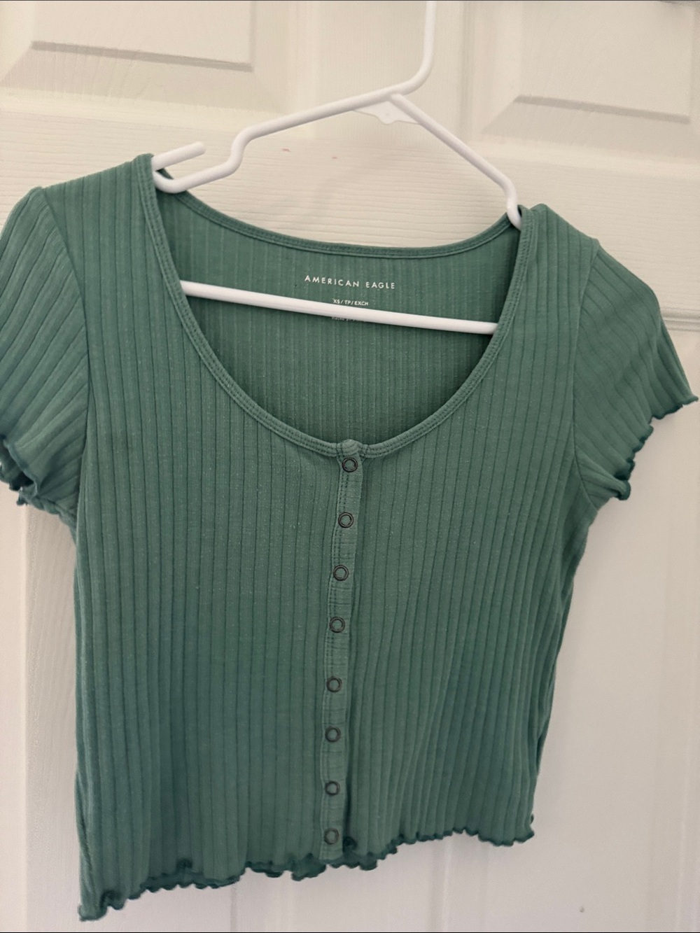 American Eagle Outfitters Dusty Sage Ribbed Button-Front Crop Top
